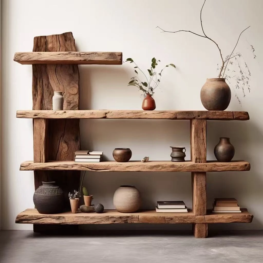 Wabi-Sabi Style Antique Elmwood Display Shelf / Curio Cabinet